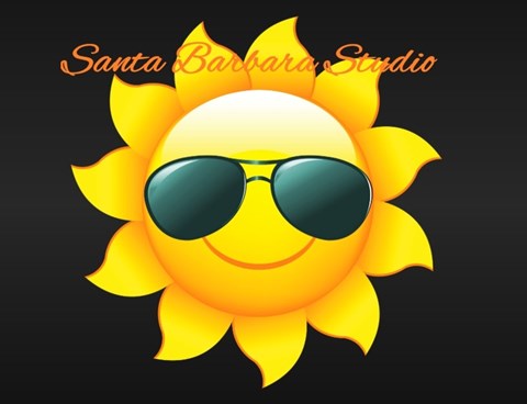 A sun emoji wearing sunglasses with the text "Santa Barbara Studio" above it.