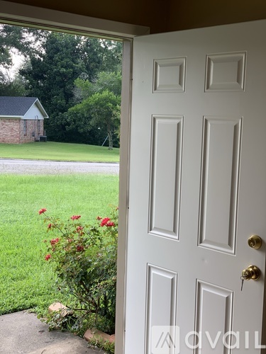 A white door with a gold handle is open to a green lawn and a house.