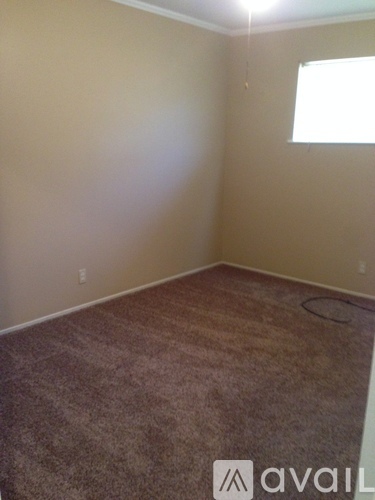 A room with a carpeted floor and a window.