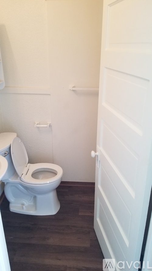 A white toilet in a small room with a wooden floor.