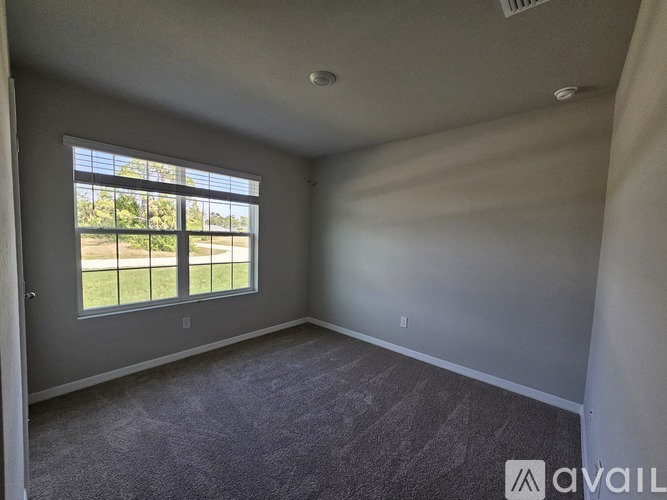 A room with a carpeted floor and a window overlooking a grassy area.