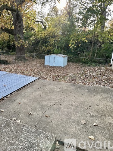 A concrete area with a shed and trees in the background.