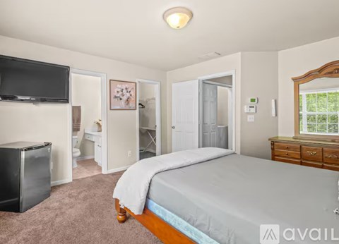 A bedroom with a bed, dresser, and television.