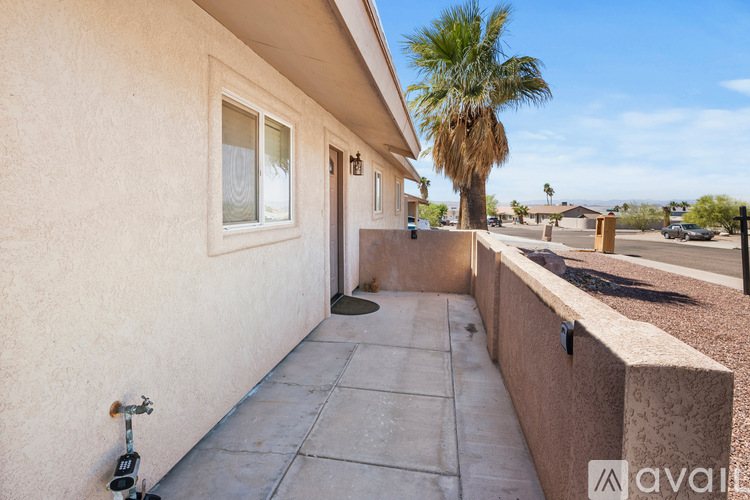 A house with a concrete walkway and a palm tree in the background.
