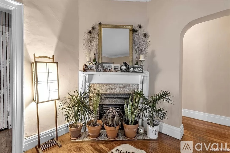 A living room with a fireplace, potted plants, and a mirror.