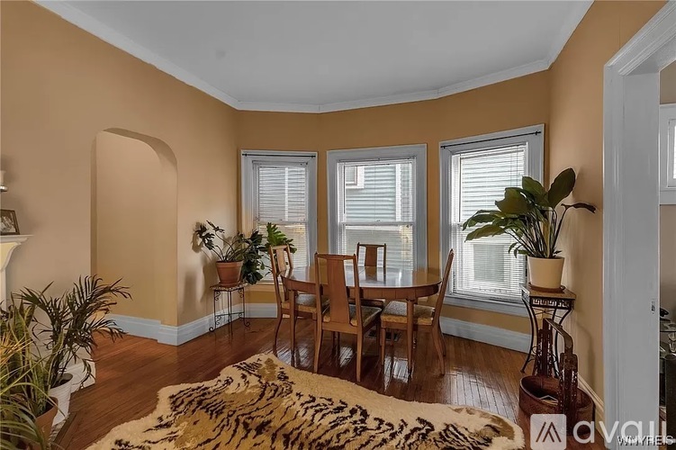 A living room with a tiger print rug and wooden chairs.