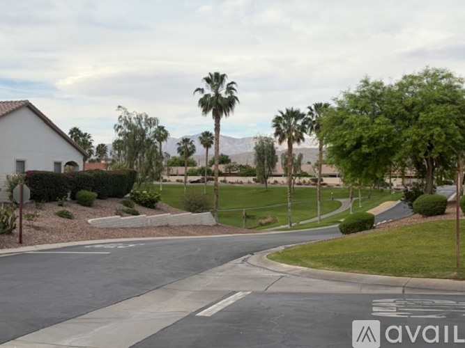 A street view of a residential area with houses and palm trees.