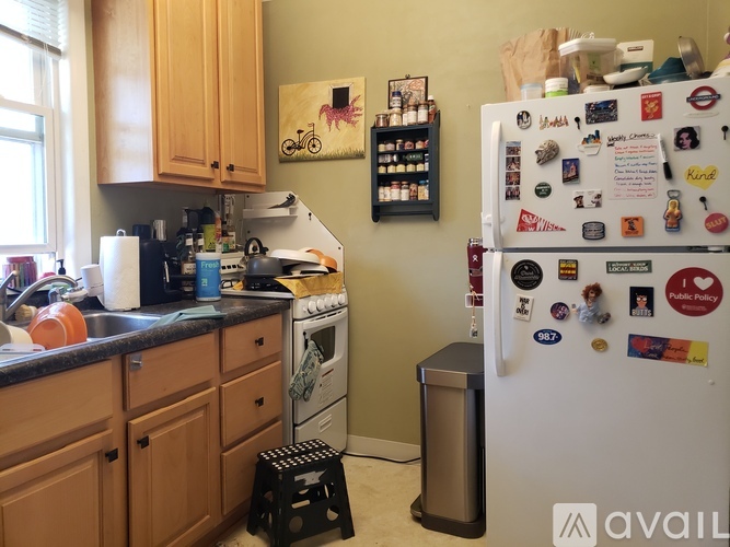 A kitchen with a white fridge covered in magnets and a sink with a dish rack.