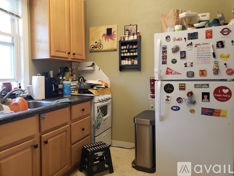 A kitchen with a white fridge covered in magnets and a sink with a dish rack.