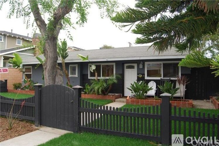 A house with a black fence and a tree in front.