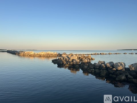 A calm body of water with a rocky shore in the distance.
