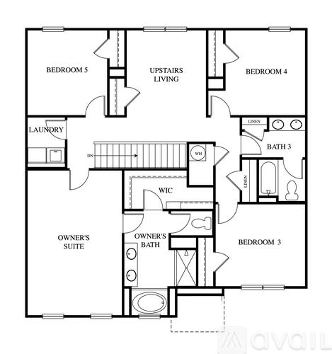 A floor plan of a house with labeled rooms such as Bedroom 5, Upstairs Living, Bathroom 3, and Laundry.