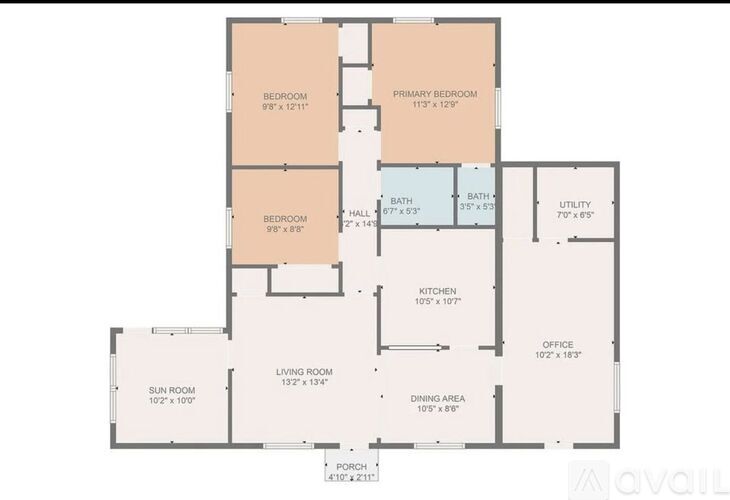 A floor plan of a house with a living room, two bedrooms, a sun room, a porch, a kitchen, a dining area, a bath, and a utility space.