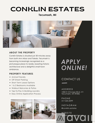 A real estate advertisement for Conklin Estates in Tecumseh, MI, highlighting the property features and contact information.