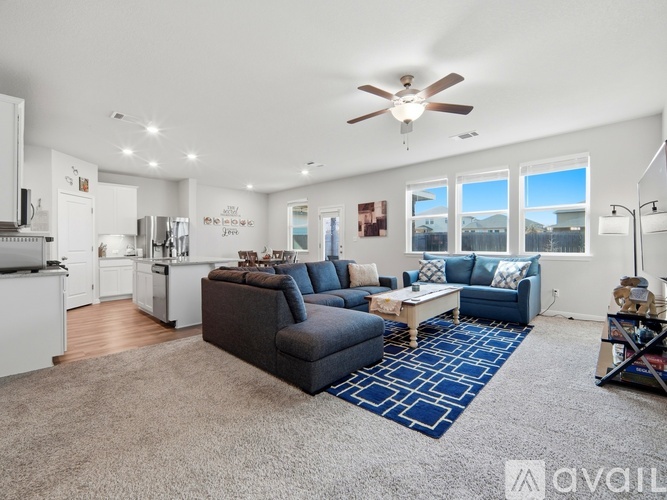 A living room with a grey sofa and a blue rug.