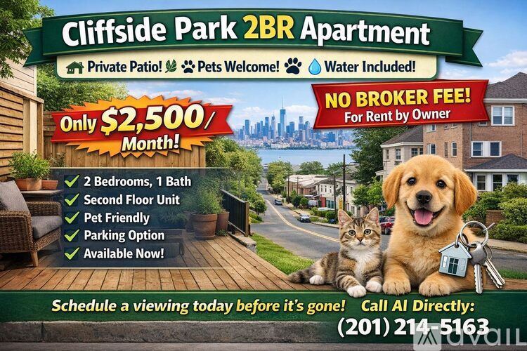An advertisement for a Cliffside Park 2BR Apartment for rent by owner at $2,500 per month.