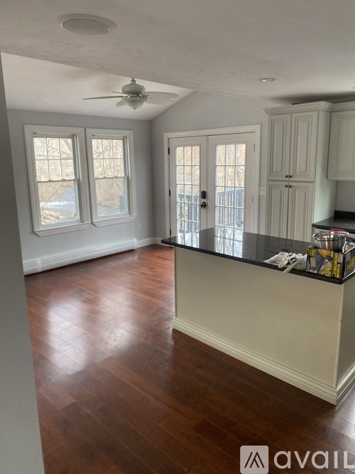 A kitchen with a counter and cabinets.