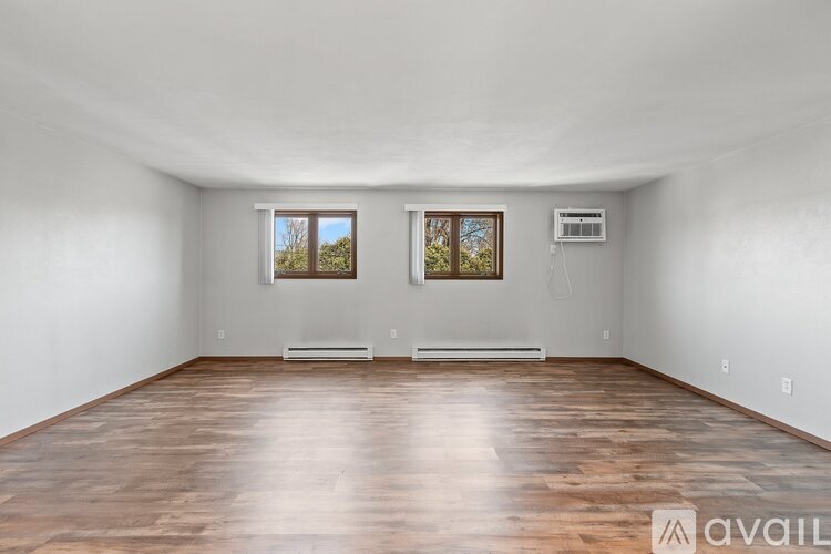 A spacious room with wooden floors and two windows.