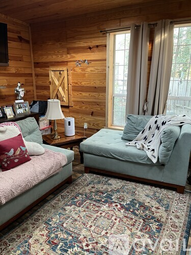 A living room with a couch, a rug, and a wooden wall.