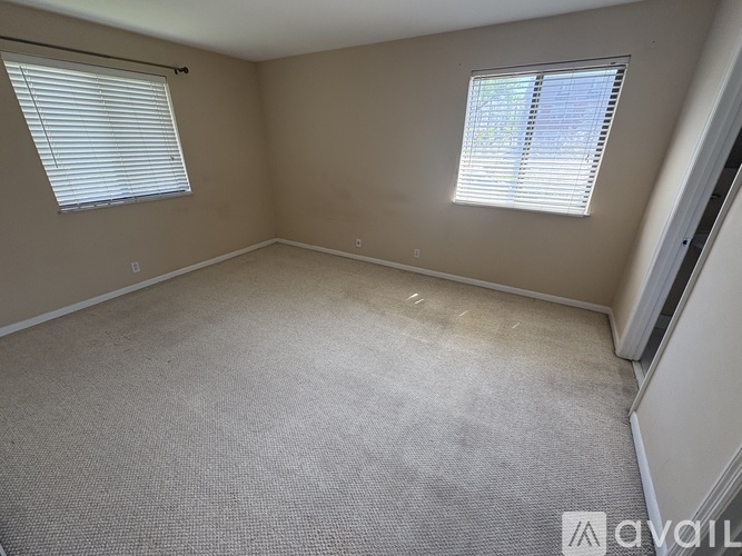 A carpeted room with two windows and a door on the right side.