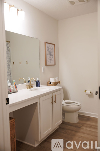 A bathroom with a toilet, sink, and mirror.