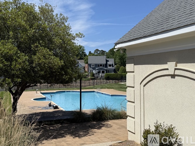 A pool surrounded by a concrete wall and a tree.