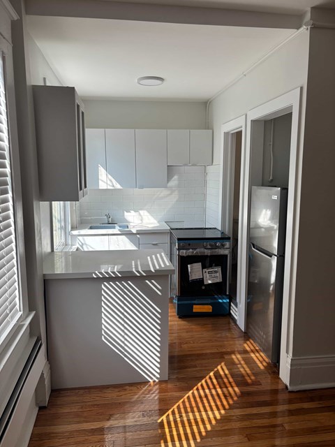 A kitchen with a refrigerator and a dishwasher.