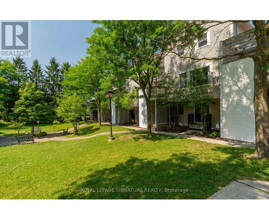 A grassy area in front of a building with a sign that says Royal LePage Signature Realty, Brokerage.
