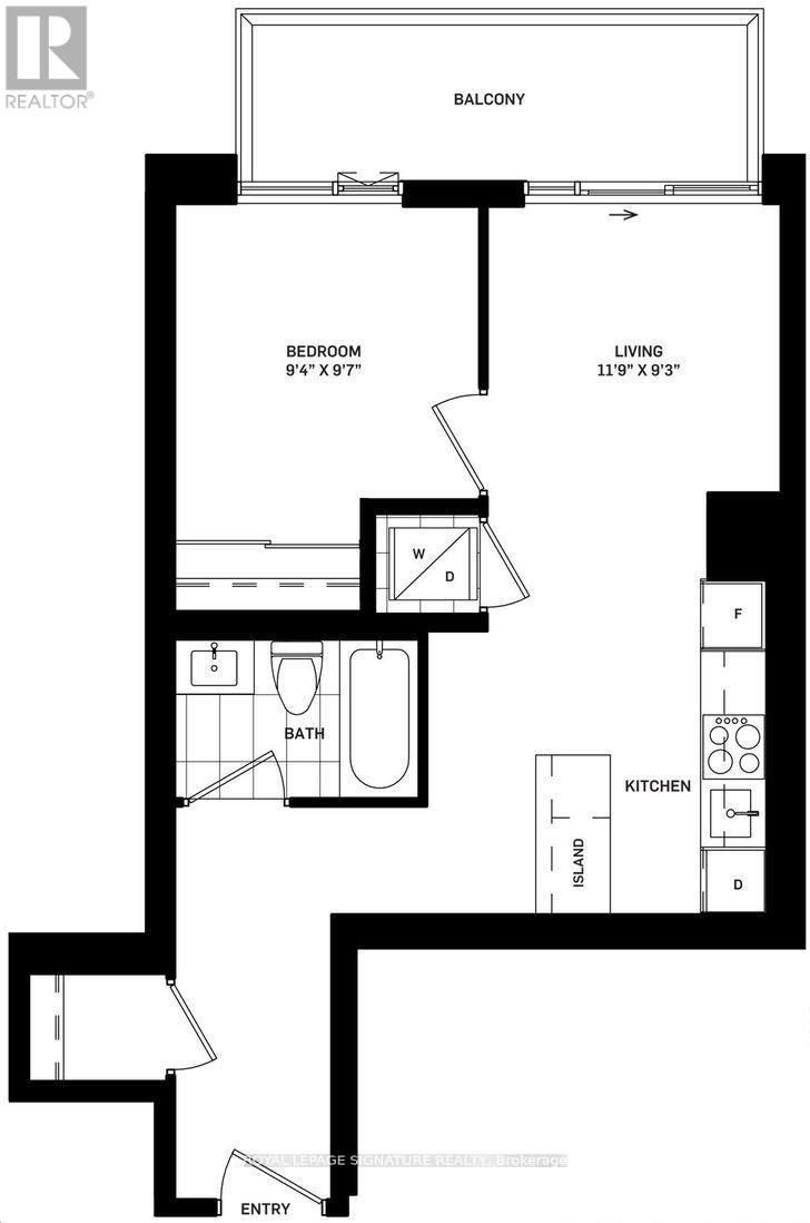 A floor plan of an apartment with a bedroom, living room, kitchen, and bathroom.