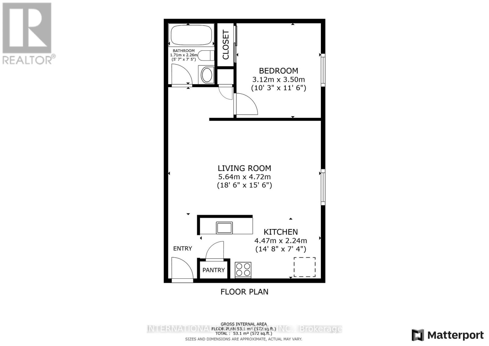 A floor plan for a small apartment with a living room, kitchen, and bedroom.