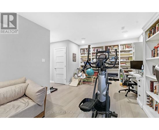 A home gym with a treadmill, exercise ball, and weights.