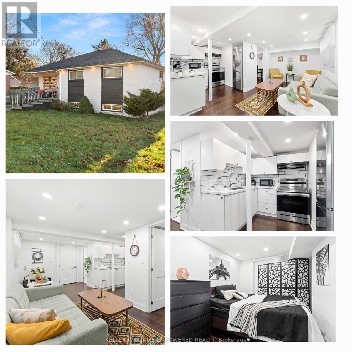 A collage of images showcasing a modern home interior with a kitchen, living room, and bedroom.