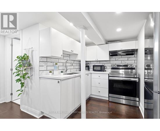 A white kitchen with a plant on the left and a stove top oven on the right.