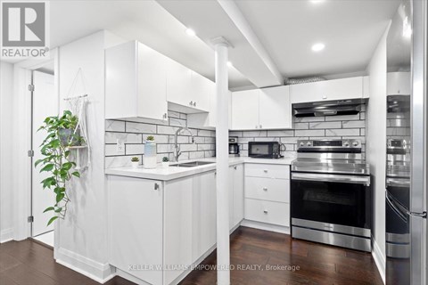 A white kitchen with a plant on the left and a stove top oven on the right.
