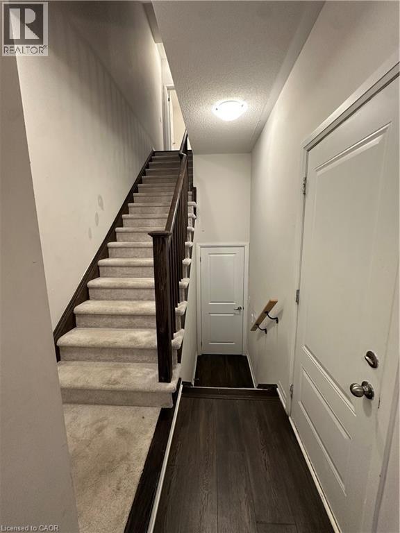 A hallway with a staircase and a white door.