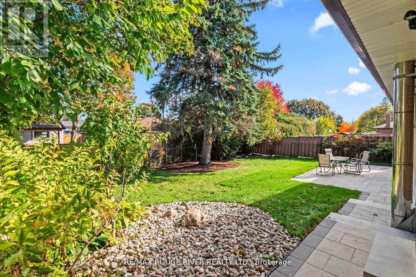 A backyard with a rock garden and a patio.