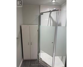 A bathroom with a glass shower door and a glass-enclosed shower stall.