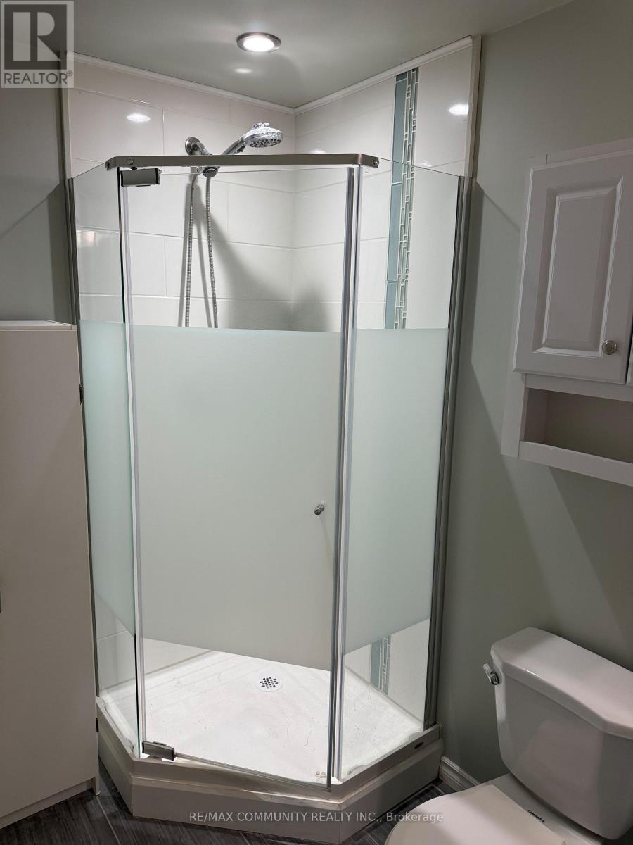 A glass shower stall with a white toilet next to it.