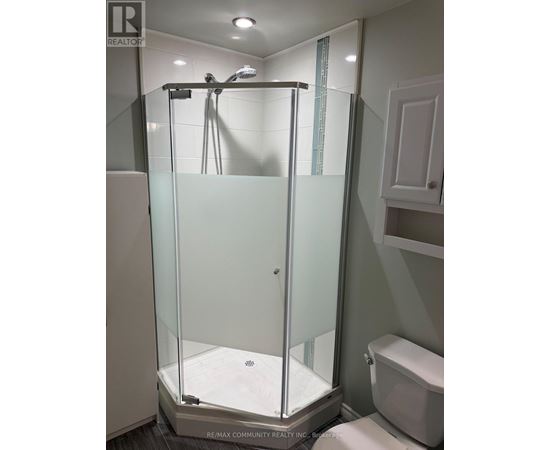 A glass shower stall with a white toilet next to it.