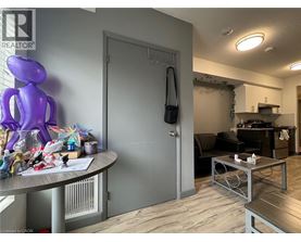 A living room with a grey door and a purple sculpture on the table.