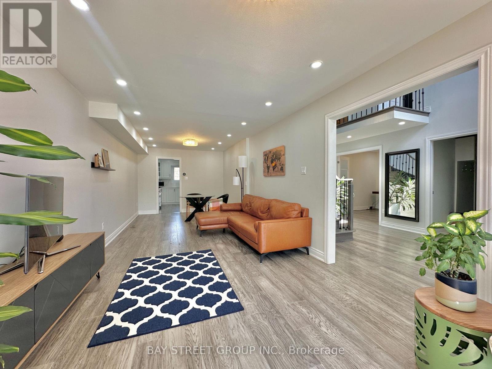 A living room with a couch, a rug, and a potted plant.