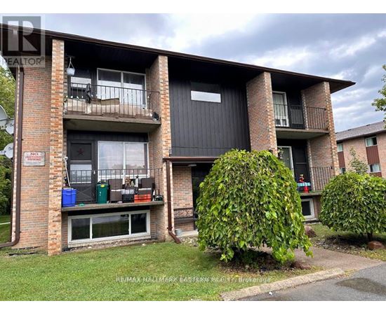 Apartment building with a green bush in front.