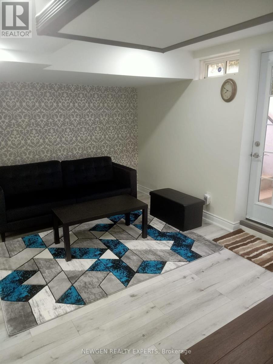 A living room with a black couch and a patterned rug.