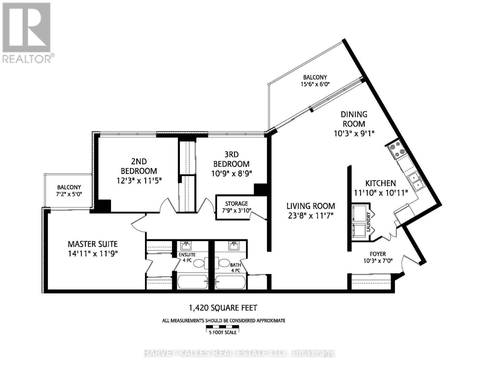 A black and white image of a floor plan for a home with a living room, dining room, kitchen, and three bedrooms.