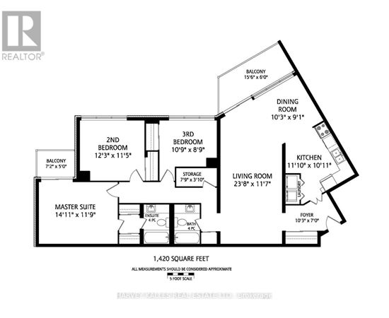 A black and white image of a floor plan for a home with a living room, dining room, kitchen, and three bedrooms.
