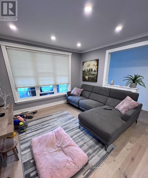 A living room with a grey couch and a pink chair.
