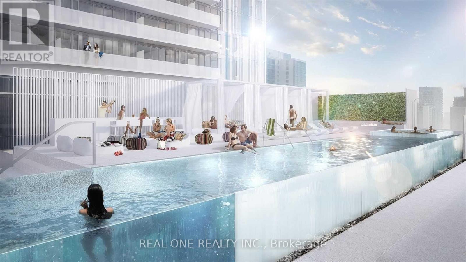 A group of people are enjoying a swimming pool on a sunny day.