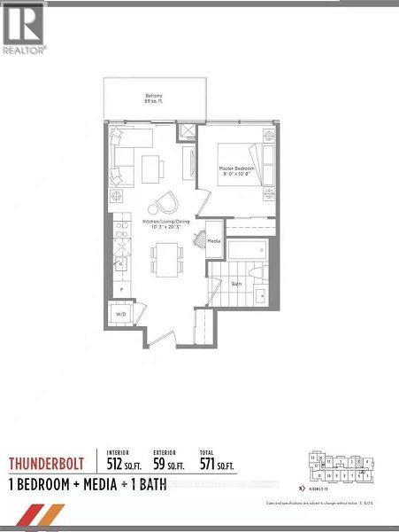 A floor plan for a 1 bedroom, media, and 1 bath apartment.