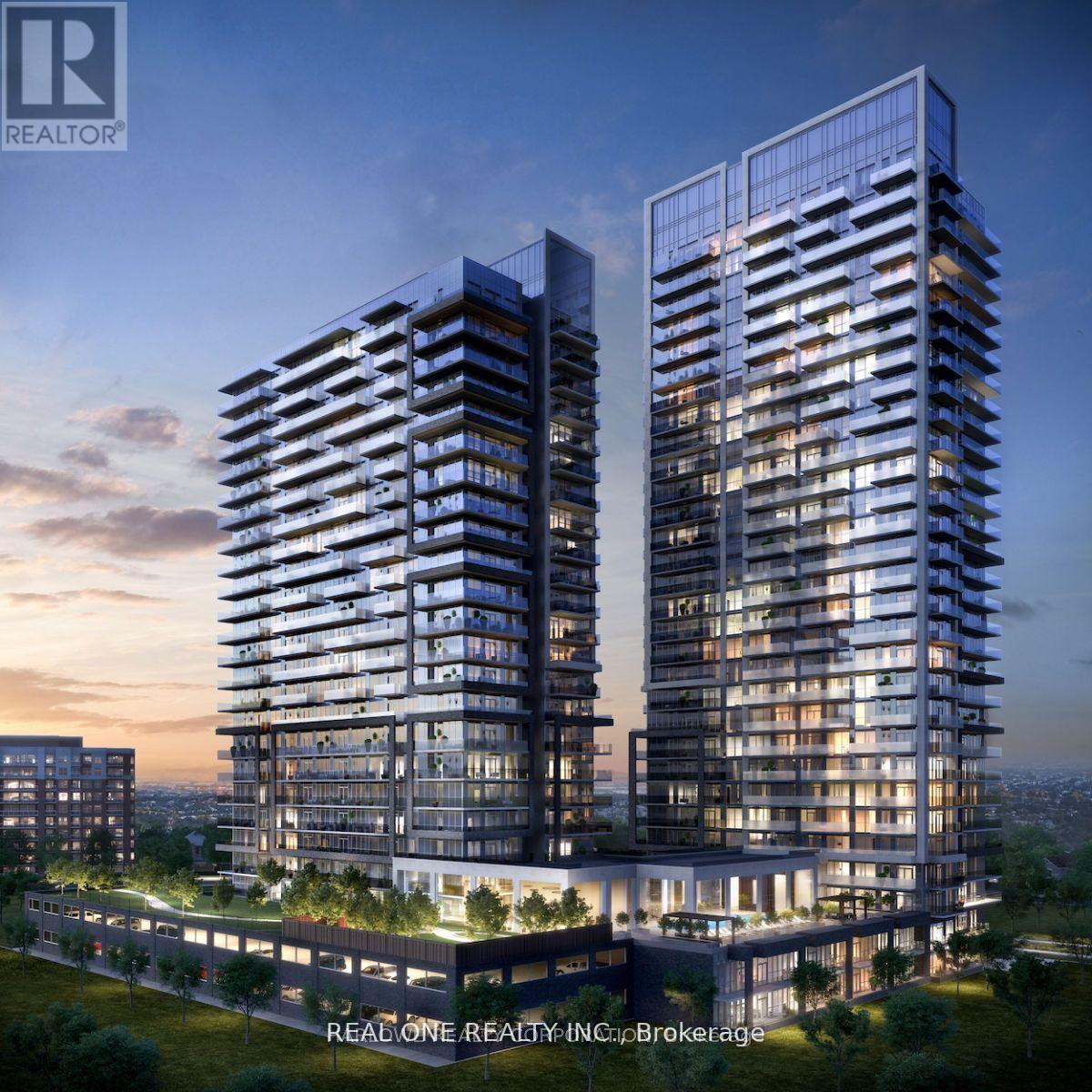 Two modern high-rise buildings are depicted in an architectural rendering.