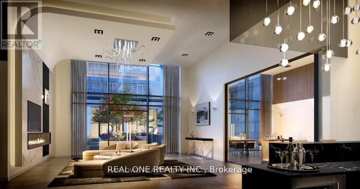 A modern living room with a bar area and a view of the city.